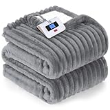 Sealy Electric Blanket Twin Size, Soft Ribbed Flannel to Sherpa Reversible Heated Blanket with 10 Heat Settings & 1 to 12 Hours Auto-Off Overheat Protection Machine Washable, 62'x84' Light Grey