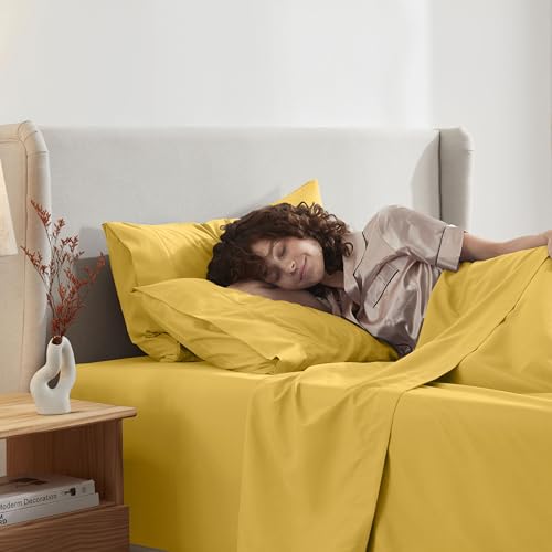Image of Nestl Queen Bed Sheet Set - Yellow - 4-Piece Deep Pocket | Instantly Soft, Night-One Ready (No Wash Required). Fits 16-Inch Deep Pockets, 360-Degree Elastic Grip