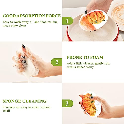 Image of Autumn Thanksgiving Pumpkins Kitchen Sponges Fall Orange Leaves Cleaning Dish Sponges Non-Scratch Scrubber Sponge for Kitchen Bathroom Cars, pack of 3