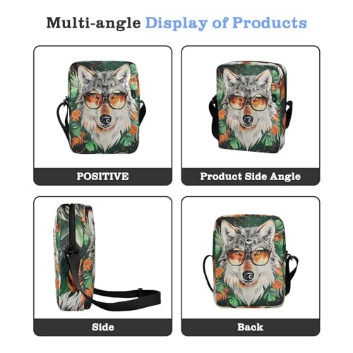 Crossbody Bag Glasses Wolf Animal Tropical Messenger Bag for Women Men Purse Shoulder Bag Satchel Bag with Adjustable Strap 214B60004