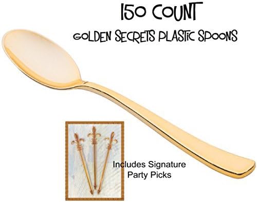 Gold Plastic Spoons, PACK of 150 Golden Secrets w/Signature Party Picks