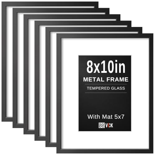 Image of VCK 8x10 Picture Frame Black Metal, Real Glass, 5x7 Mat, Set of 6, for Arts