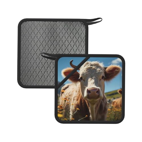 Soportes para ollas para cocina, diseño de vaca de flores de pradera, resistentes al calor, almohadillas calientes para horno, agarraderas para decoración de cocina, hornear, cocinar con lazo para
