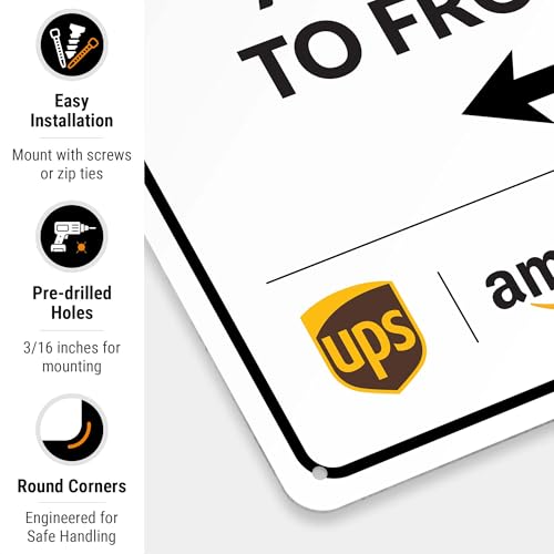 Image of Package Delivery Sign, Delivery Instructions Deliver All Package to Front Door Left Arrow Sign, 10x14 Inches, Rust Free .040 Aluminum, Fade Resistant, Made in USA