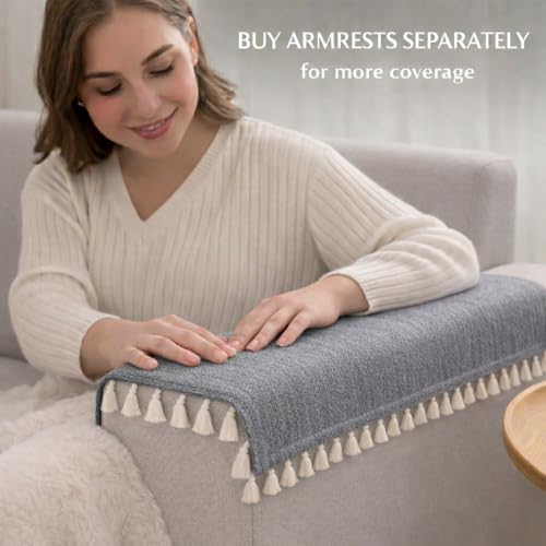 Image of STITCHNEST Grey Chenille Sofa Cover 70x30 Inch - Soft, Durable & Textured Fabric with Tassels | Sofa for Living Room, Bedroom, or Drawing Room