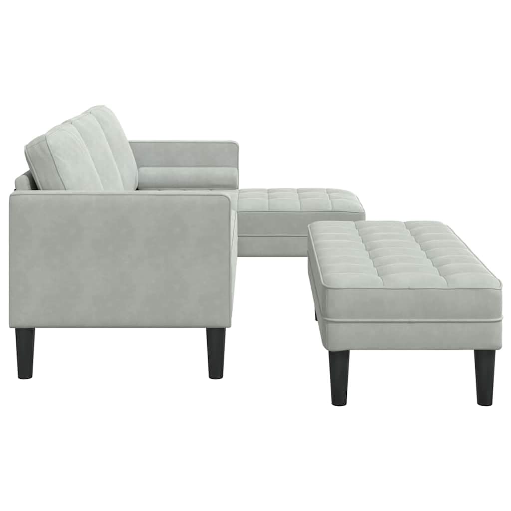 Sofa narożna z poduszką i taboretem, jasnoszara, poliester, drewniana rama, nowoczesny zestaw wypoczynkowy, sofa z miejscem do przechowywania, modułowa, 5 siedzeń, 173 x 131 x 67 cm