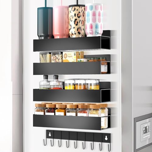 Image of SMRCAD Magnetic Spice Rack Organizer for Fridge Seasoning Organizer for Kitchen storage with Screw Magnetic Shelf with Hook for Refrigerator and Oven (4pack1hook-Grey) (4pack with hook)