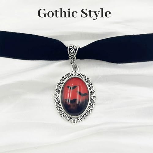 Kinretixia Halskette mit Kamee und Blutfledermaus-Anhänger, Gothic-Stil, roter Cabochon-Anhänger, Vampir-Accessoires für Frauen Karnevals Halloween Accessoires