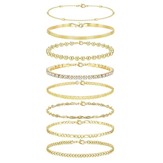 JeweBella 8 Stück Armband Damen Gold Armbänder Set 14 Karat Vergoldet Armkette Damen Edelstahl Armband Set Verstellbar Twist Figaro Tennis Armband Wasserfester Modeschmuck Gold Schmuck Damen