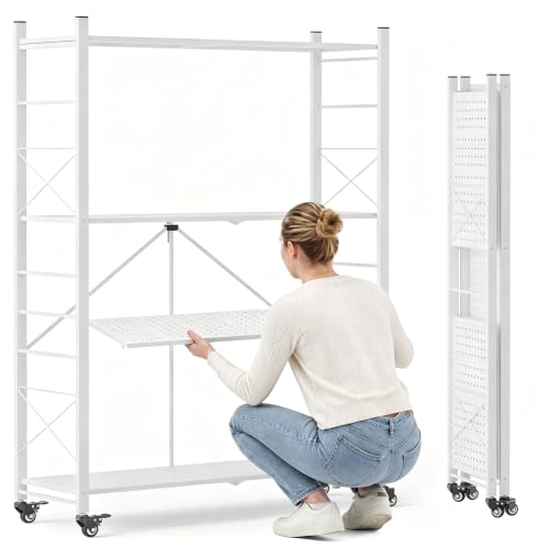 Image of DEANIC 4 Tier Foldable Storage Shelves with Wheels, Large Capacity Shelving Unit, Freestanding Metal Wire Shelf Rack, No Assembly Organizer Rack for Garage Kitchen, Basement, Pantry (1, White-Plus)