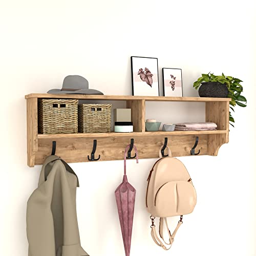 [en.casa] Wandgarderobe Åstorp 120 x 22 x 37 cm Kleiderhaken mit Zwei Ablagefächern Haken für Jacken Mäntel Schals wandmontiertes Hängeregal Wandregal für...
