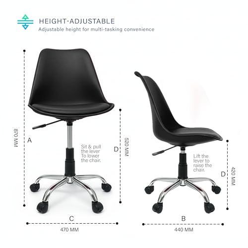 Image of DIYA Smart Study Chair, Office Chair, Revolving Desk Chair, Height Adjustable Chair with Wheels, Curved Nylon Backrest with Cushioned Seat, Ergonomic Computer Chair for Home, Study & Work Use (Black)