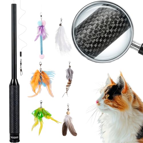 YEGUO Katzenangel stabil & lang (142cm) - Interaktives Katzenspielzeug Angel Set aus Carbon mit 6 Anhängern für aktive Katzen Drinnen Und Draußen.