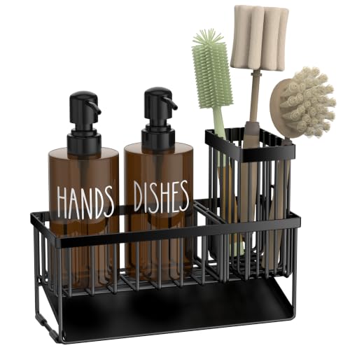 Image of MASADI Kitchen Dish Soap Dispenser Set with Sponge Holder, 12OZ Glass Bottle, Hand and Dish Soap Dispenser Set, Non-Slip Silicone Pad, Brush Holder, Kitchen Sink Organizer Countertop (Black+Amber)