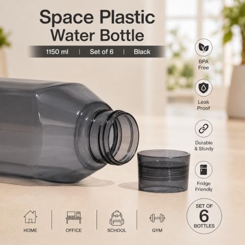 Image of Nayasa Space Plastic Water Bottle 1150 ml | Set of 5 | BPA-Free Fridge Bottle for Home, Office, School, Gym | Leak-Proof & Durable | Grey