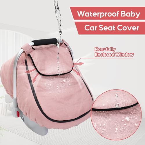 Image of Winter Baby Car Seat Cover, Waterproof Carseat Cover with Zipper Peep Window, Warm Sherpa Fleece Lining, Universal Infant Car Seat Canopy Stroller Cover for Rain Snow Cold Weather (Pink)