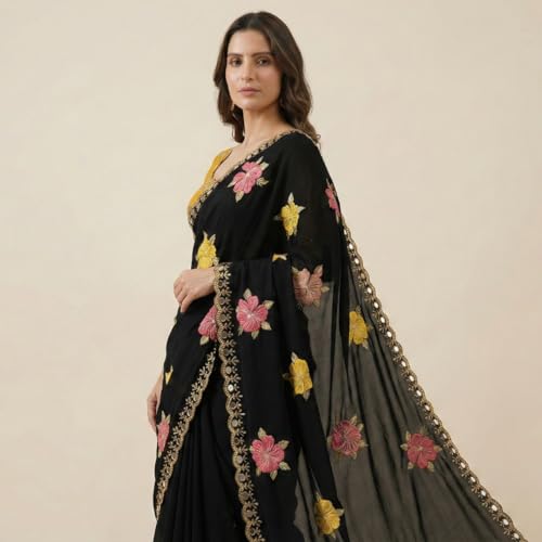 Image of Handcrafted Floral Embroidered Saree with Contrast Blouse
