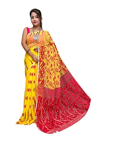 Sari indio Dhakai Jamdani amarillo de 5.5m para celebraciones tradicionales y bodas