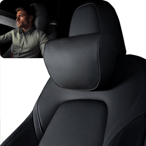 HOPON 2025 Upgrade Headrest Pillow for Tesla Model 3 Model Y with Adjustable Strap Fits All Vehicles Car Neck Pillow with Leather for Head Neck Shoulders Multipurpose Car Accessories 1 Pack (Black)