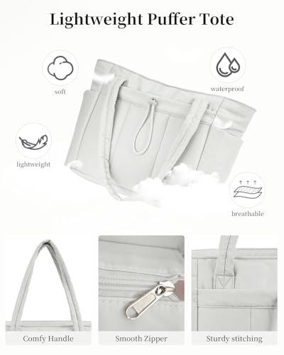Image of Puffer Tote Bag for Women Handbag Nurse Bag with Cup Holder & Laptop Compartment & Trolley Sleeve for Work Travel Beige