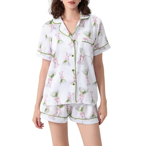 AINAC Womens 2 Piece Cowgirl Pajamas Satin Silk Western Cute Pjs Cowboy Boots Short Sleeve Button Up Shorts Pjs Loungewear Green
