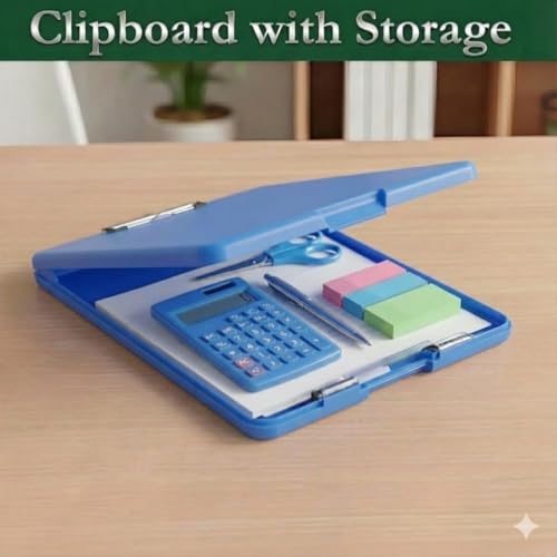 Image of Yajnas A4 Size Clipboard with Storage Box | 180 Foldable Exam Pad & Writing Board | Heavy Duty Plastic File Folder with Pen Holder & Paper Storage for Students, Office & Field Use (Light Blue)