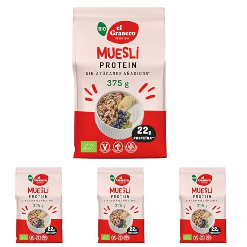 El Granero Integral - Muesli Protein Ecológico 375 g - Copos de Avena y Soja - Alto Contenido en Proteína y Fibra - Aporta una Dosis Extra de Energía - Cereales de Desayuno (Paquete de 4)