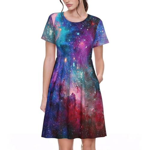 Robe trapèze imprimé galaxie colorée col rond poches