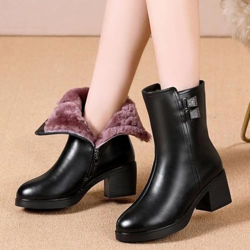 Women's Leather Soft Sole Chunky Heel Booties with Buckle Decor Round Toe Side Zipper Mid Block Heel Office Business Dress Ankle Boots2