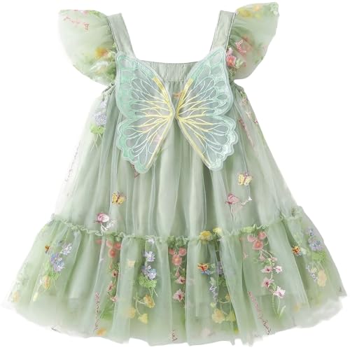 Toddler Girl Summer Casual Tulle Dress Fairy Mesh Ruffle Sleeve Little Girls Sundress Birthday Party Princess Wedding 12M-5Y (US Age 2 Years 3 Years Flower Green)