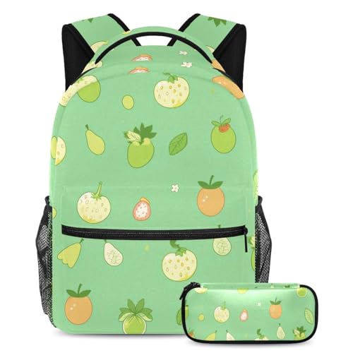 Sac d'école motif fruits verts avec trousse assortie pour ados et enfants