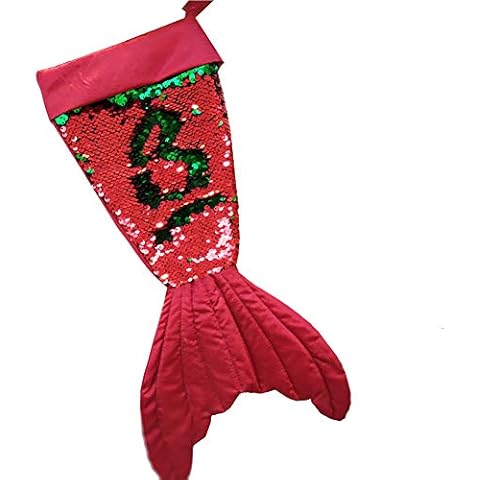 D C.Supernice Christmas Tree Decor Stocking Hanging Sequins Mermaid Xmas Large Socks Gift Bag Wishing Bag Red Cover