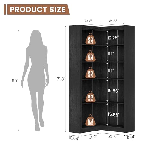 GarveeHome Corner Bookshelf, 71.8'' Black Corner Bookcase, L-Shaped Bookshelf Farmhouse Bookcase, 5 Tier Display Shelf Heavy Duty Bookcases, Bookshelves with Storage (Black)