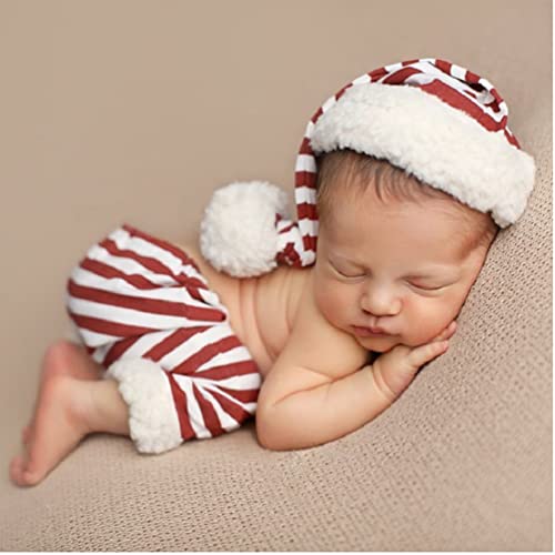 Image of Christmas Newborn Baby Photo Shoot Props Outfits Crochet Clothes Santa Claus Red Hat Pants Photography Props