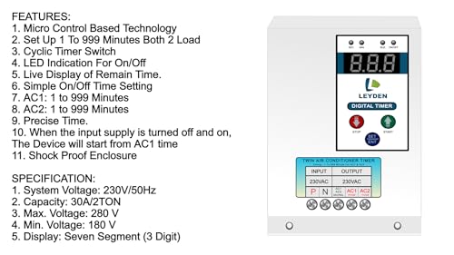 Image of LEYDEN TM-DAT 30A, 220VAC, 1-999 Minutes on Off Digital Timer Switch for Dual AC Timer Switch for 2 Air Conditioner for Energy Saving (1-Year Warranty)