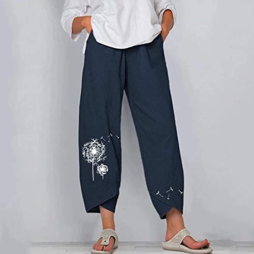 Image of Cotton Linen Capri Pants for Women 2025 Casual Printed Cropped Palazzo Pants Elastic Waist Lounge Baggy Trousers