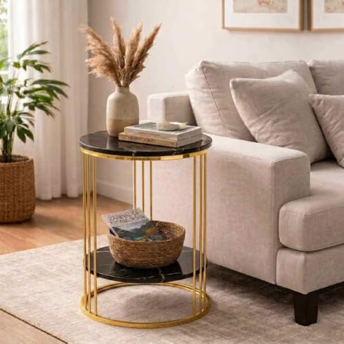 Image of Coffee Table /End Table /Center Table /Sofa Side Table /BedsideTable /nightstand for Living Room Bedroom Balcony Table with Marble Design Wooden Top Gold Black