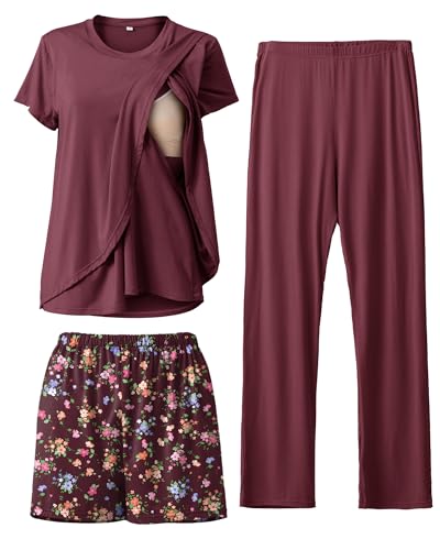 Image of Rnxrbb 3 Piece Postpartum Nursing Pajamas Set Casual Soft Maternity Breastfeeding Pjs Sleepwear Loungewear Clothes Layer