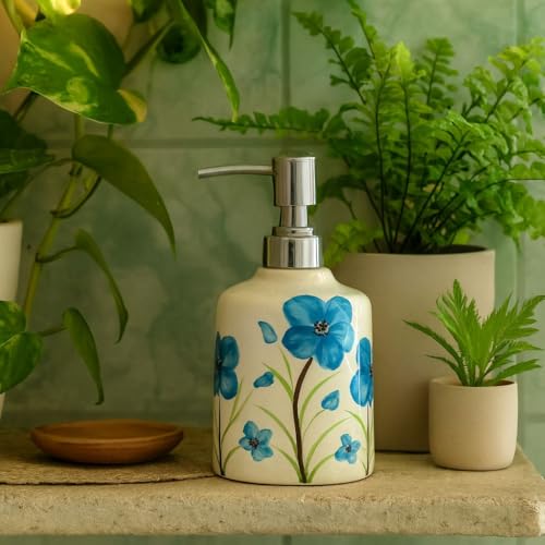 Image of Ceramic Soap Dispenser 330ml (Set of 1) | Multipurpose Liquid Soap, Lotion & Hand Wash Pump Bottle for Bathroom & Kitchen | Blue & White Flower Design