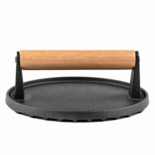 waykea Cast Iron Bacon Press for Grilling BBQ Heavy Duty Round Steak Weight Burger Grill Press with Wooden Handle, 7 inch
