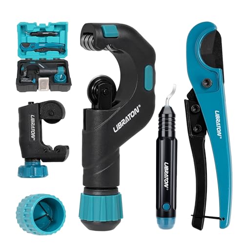 LIBRATON Cortatubos 3-50MM, Cortadores Cobre de Alta Resistencia, Cortador de Tubos PEX, Herramienta de Desbarbado y Escariador, Juego de 5PCS para Cortar Tubos de Cobre, Aluminio, PEX y PVC, con Caja