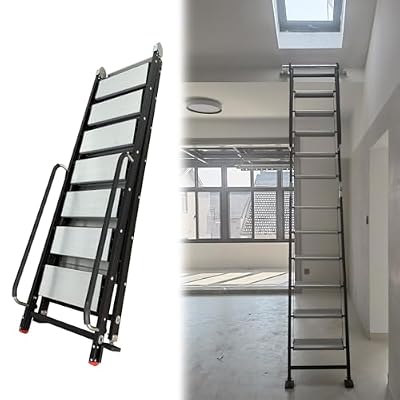 Attic Ladder, 8 9 10 11 12 13 Ft Long Attic Stairs, Attic Folding Ladder for Roof Hatch, Aluminum Ladder Black Loft Attic Stairs, Fire Escape Step Ladders