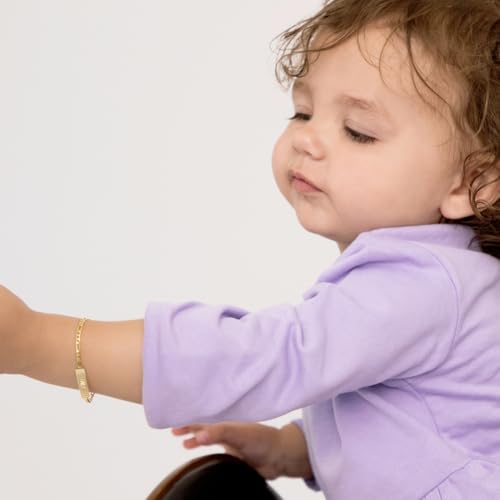 In Season Jewelry 14k Yellow Gold Unisex Adjustable Kids ID Bracelet with Engravable Identification Tag - Cute Figaro Link Chain Rectangular Name Plate Bracelets for Babies & Children2