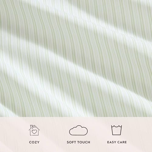 Image of Laura Ashley - King Sheet Set, Crisp & Cool Cotton Percale Bed Sheets, Deep Pockets, Striped Bedding with Matching Fitted Sheet & Pillowcases (Bedford Skinny Stripe Green)