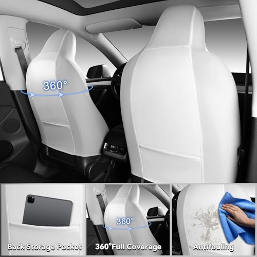 Image of CAR PASS Nappa Leather High Back Front Seat Covers, Tesla Model 3 Model Y Breathable Faux Leather Front Bucket Seat Covers, Anti-Slip Airbag Compatible Universal Fit for Sedan SUV Van Truck, White