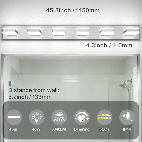 Image of SOLFART Bathroom Light Fixtures, 5 Color Temperature Modern Vanity Lights, Brushed Nickel 6 Lights LED Lighting Light Color Adjustable 5CCT