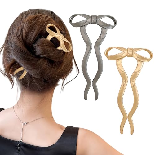 2er Set Französische Haarnadeln Mit Schleifen-Design - Gold & Schwarz, U-förmig Für Elegante Frisuren
