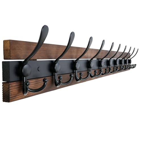 Image of SKOLOO Rustic Wall Mounted Coat Rack - 38.6 inch Long Coat Hooks for Wall with 10 Triple Hooks for Hanging Coats, Hats or Tools - Kitchen, Mudroom, Entryway, Bathroom, Wood Brown & Black