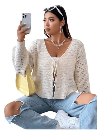 Image of GORGLITTER Women's Plus Size Bow Tie Front Cardigan Crochet Open Front Lightweight Front Tie Cardigan Sweater Fall Apricot Large Plus