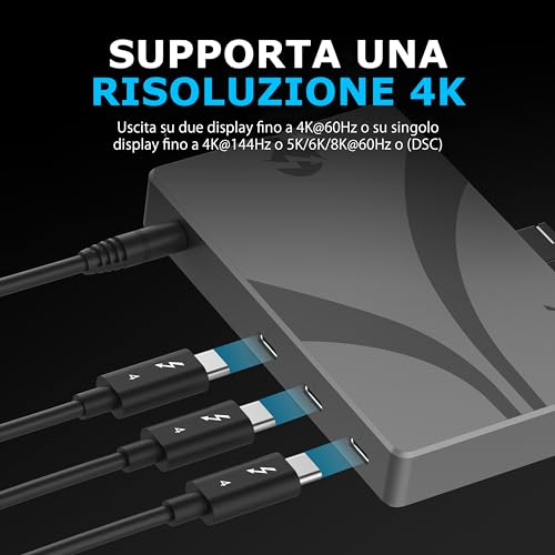 Hub Thunderbolt 4 con ricarica a 60 W per laptop, dock USB C, supporta 2 monitor 4K 60 Hz o 1 4K 144 Hz, 5K 6K 8K @60 Hz (DSC) Cavo TB4 certificato incluso (HB-TBT4) - Hub USB - Immagine 3